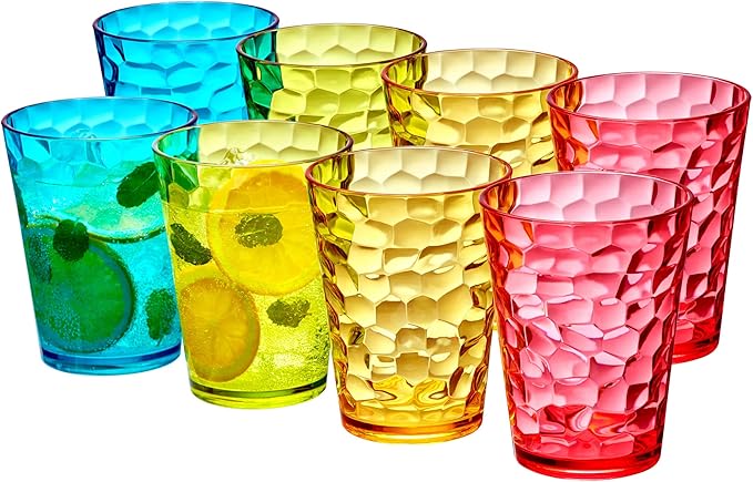 Amazing Abby - Iceberg - 16-Ounce Plastic Tumblers (Set of 8), Plastic Drinking Glasses, Mixed-Color Reusable Cups, Stackable, BPA-Free, Shatter-Proof, Dishwasher-Safe