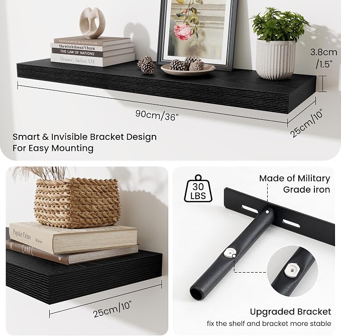 Fun Memories Floating Shelves for Wall 36 Inches, Wood Shelves with Invisible Bracket, 10" Deep Shelves Wall Mounted, Large Wood Floating Shelves for Living Room Bathroom, Black, Set of 3