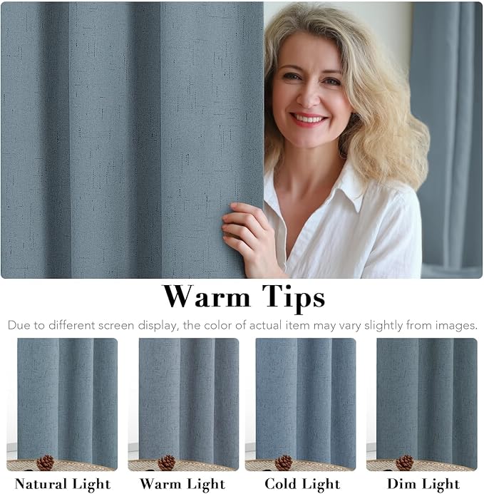 H.VERSAILTEX Blackout Curtains Linen Curtains 120 inches Long 100% Black Out Curtains for Bedroom Windows, Textured Linen Look Draperies Grommet with White Liner, 2 Panels, Stone Blue