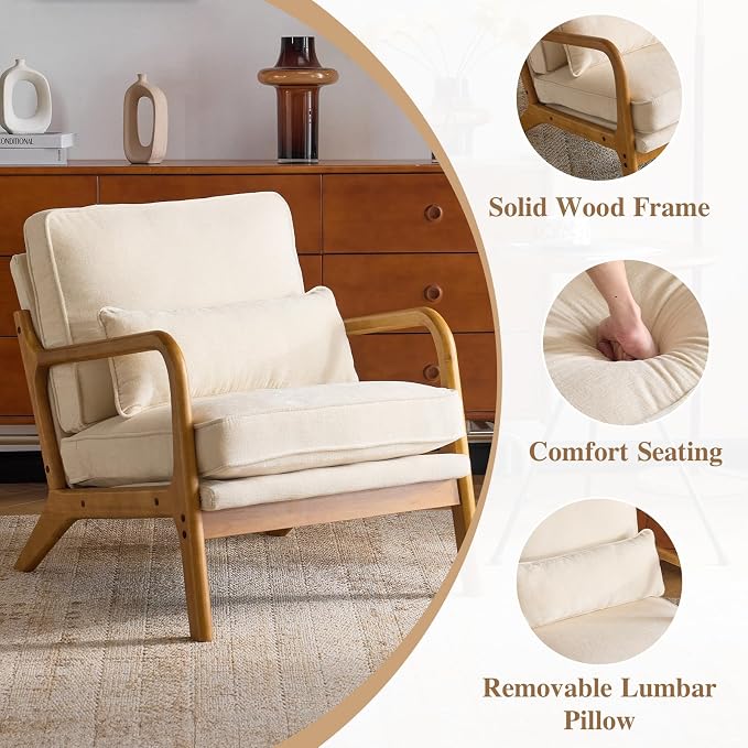 Karl home Mid-Century Modern Accent Reading Chair, Creamy | Chenille Upholstered, Solid Wood Frame, Soft Cushion, Lumbar Pillow, Lounge Armchair for Living Room, Bedroom, Balcony, Study
