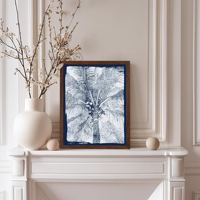 Monem Art Coastal Palm Tree Cyanotype Print - Blue and White Tropical Botanical Art Poster - Wall Decor for Beach House, Bedroom or Living Room - 8x10 Brown Framed Wall Art by Renee Stramel