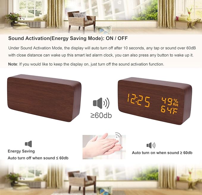 Alarm Clock for Bedside Modern Wood Digital Clock Snooze LED Desk Clock Display Time Temperature Humidity Brightness Adjustable for Home Kids Bedroom Office(Brown)