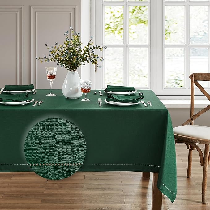 Elrene Home Fashions Alison Eyelet Border Design Wrinkle Resistant Fabric Tablecloth, 60"x102" Rectangle, Forest