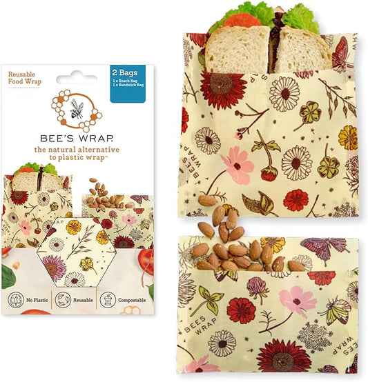 Bee's Wrap Beeswax Wraps for Food - Meadow Magic Sandwich Bag & Snack Bag, Made in USA Reusable & Organic Food Wraps, Sandwich Wrap - Plastic Free Eco-Friendly Alternative to Aluminum Foil
