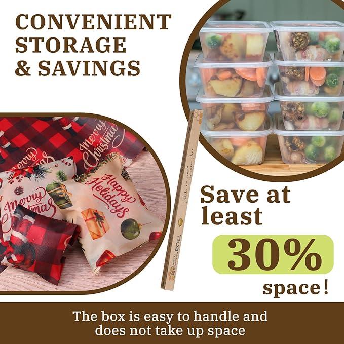 3 Rolls Reusable Beeswax Wraps for Food 13 x 40 Inches Bees Wax Wraps Reusable Food Storage Wrap Beeswax Paper Roll for Bread Sandwich Cheese Fruit Snacks(Santa)