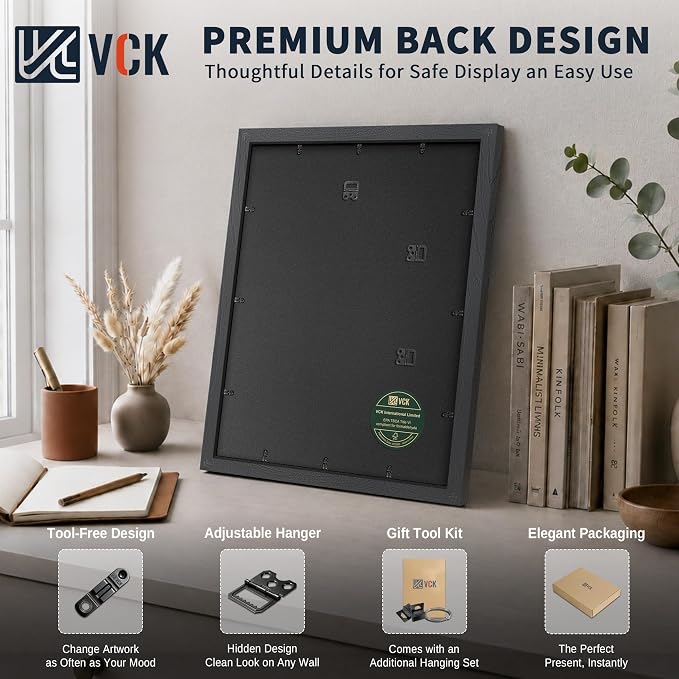 VCK 16x20 Picture Frames Black 3 Pack, Wide Border Solid Wood, Tempered Glass, Display 11x14 Photo with Mat or 16 x 20 without, for Home, Office, Gallery, Woodgrain Series, Wall Hanging