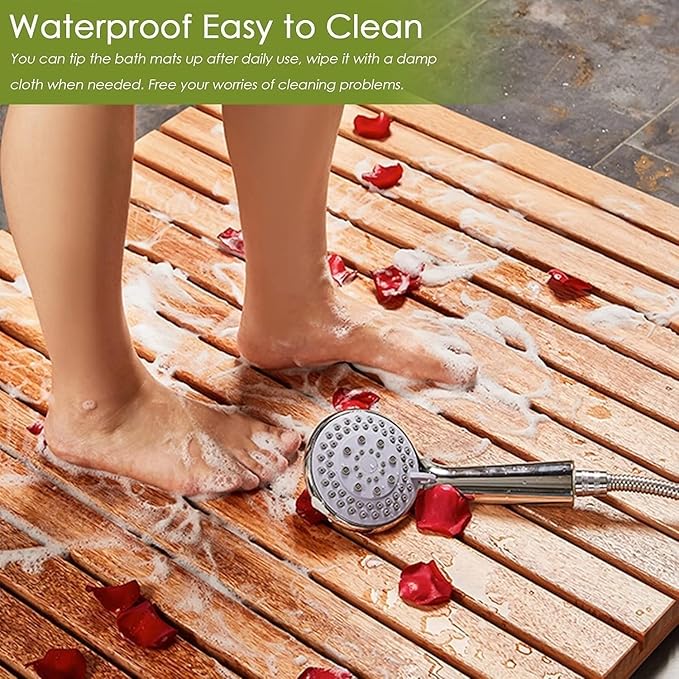 24 28 30 34 38 40 44 inch Teak Solid Wood Shower Floor Mat with Non-Slip Feet and Center Drainage Hole Large Bath Mat for Indoor Showers/Tile Floors(30x30cm/12x12in)