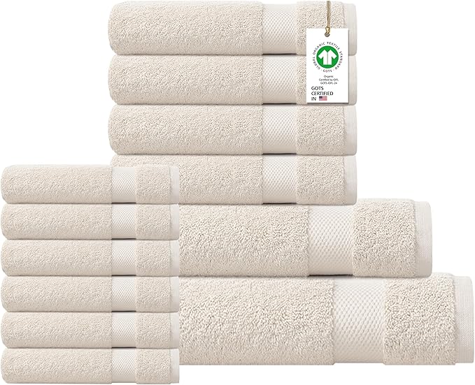 100% Organic Cotton Towels 650 GSM Plush Feather Touch Quick Dry Towel, 12-Piece Towel Set GOTS Certified, Oeko-Tex Green Certified, 1 Bath Towel, 1 Bath Sheet, 4 Hand Towels & 6 Wash Cloths