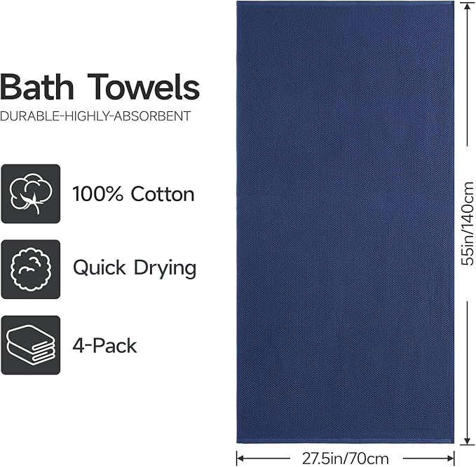 REDKISS 100% Cotton Waffle Weave Bath Towels 4 Pack - 27.5x55 Inches| Lightweight, Quick Dry & Highly Absorbent,Perfect for Spa, Gym, Travel, Guest Bathroom-Blue