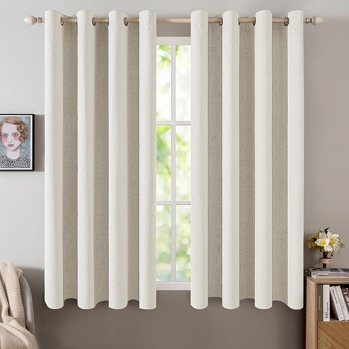 MIULEE Linen Texture Curtains for Bedroom Solid 100% Blackout Thermal Insulated Linen Beige Curtains Grommet Room Darkening Drapes for Living Room 52x63 Inch (2 Panels)
