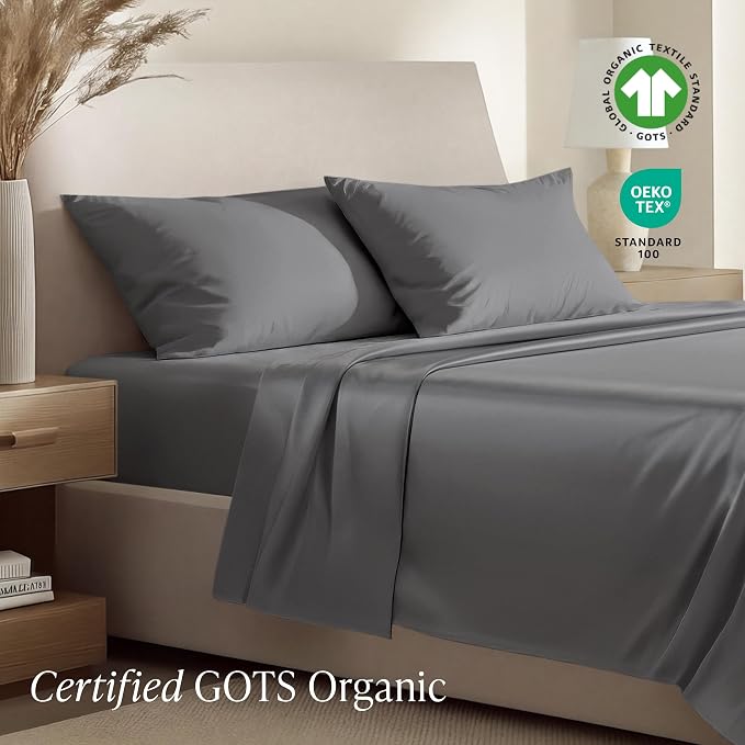 Bare Home 100% Organic Cotton Full Sheet Set - 400 Thread Count - Smooth Sateen Weave - Breathable & Cooling - Hotel Luxury Set - Deep Pocket Bed Sheets (Full, Grey)