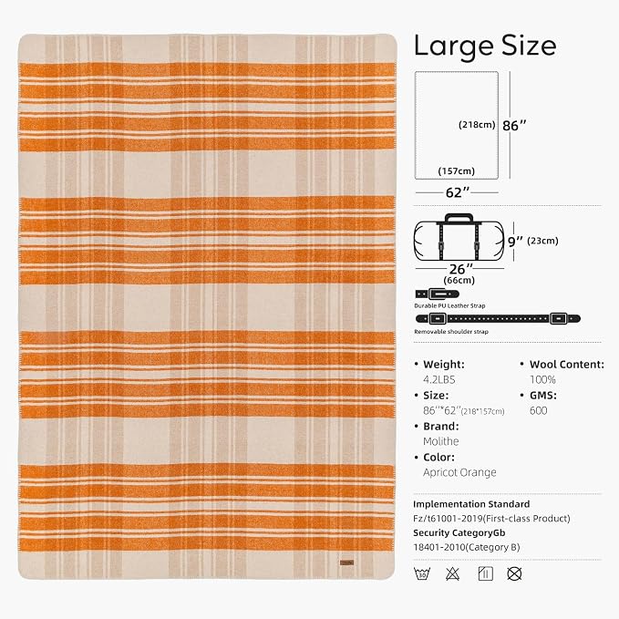 Molithe 100% Wool Blanket, 62" x 86", Warm, Thick, Washable, Military | Great for Camping, Outdoors, Sporting Events, Survival Kits ApricotOrange