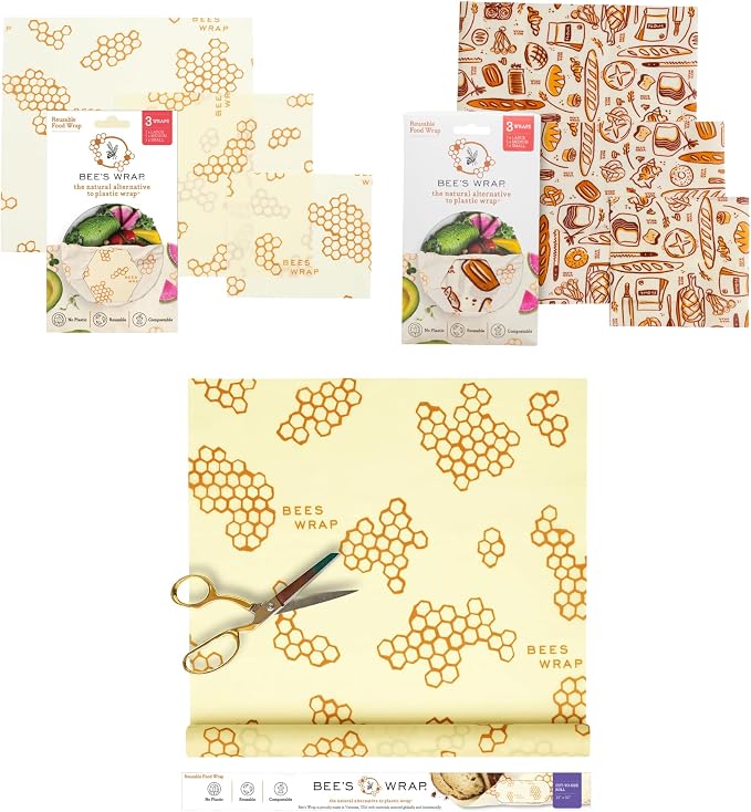 Bee's Wrap Plastic-Free Transition Kit - Beeswax Food Wraps Bundle Includes Cut to Size Honeycomb Roll, 3 Bakery Lane Prints & 3 Honeycomb Prints - Made in the USA Beeswax Reusable Wraps for Food