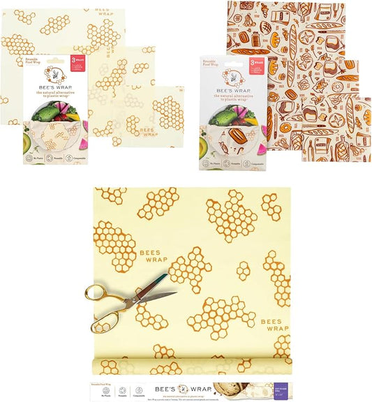 Bee's Wrap Plastic-Free Transition Kit - Beeswax Food Wraps Bundle Includes Cut to Size Honeycomb Roll, 3 Bakery Lane Prints & 3 Honeycomb Prints - Made in the USA Beeswax Reusable Wraps for Food