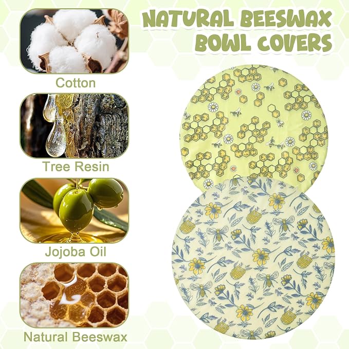 2-Pack Reusable Beeswax Bowl Covers with Bee Pattern, 10/12 Inch Elastic Cotton Food Storage Covers for Bread Proofing, Sourdough Dough & Kitchen Containers