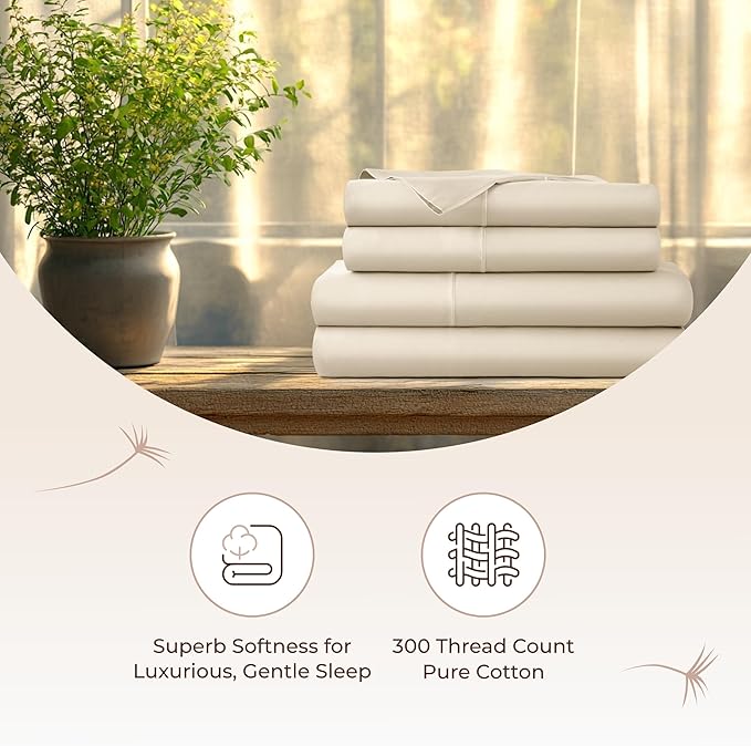 100% Organic Cotton Sheets Twin Size - GOTS Certified Organic Bed Sheets with Deep Pocket 300 Thread Count & Cozy Sateen Weave Gets Softer with Each Wash - Luxury 3 Piece Set (Dune, Twin)