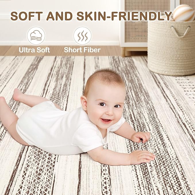 Tortania Area Rug Living Room Rugs - 7x9 Washable Large Soft Neutral Boho Moroccan Bohemian Farmhouse Rug Indoor Floor Carpet for Bedroom Under Dining Table Home Office Decor - Cream Brown
