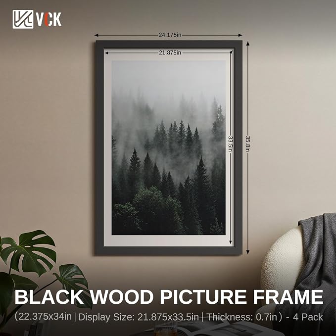 VCK 22.375x34 Poster Frame Black - 4 Pack, Gallery-Quality Wood Picture Frames, 1.1-Inch Wide Border, Polished Plexiglass, Vertical or Horizontal Wall