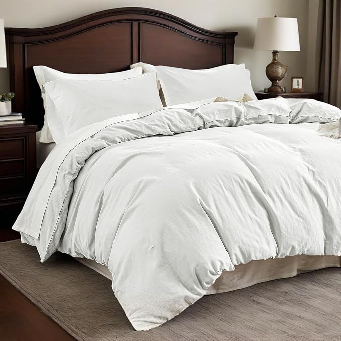 QKTE French Linen Duvet Cover Set, 3 PCS Natural French Flax White Duvet Cover Queen Size, Breathable Soft Comfy Linen Bedding Comforter Cover with 2 Pillowcases(White, 88" x 92")