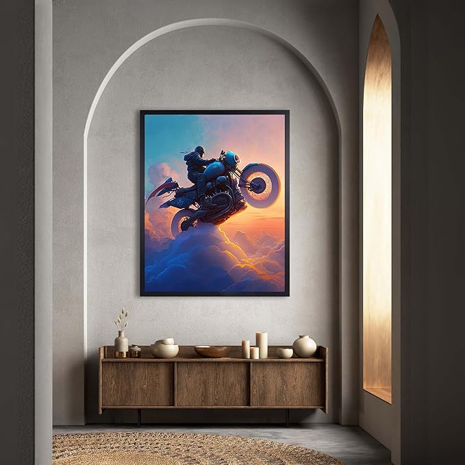 InkFlow Posters Motorcycle Rider Poster - Futuristic Biker in the Clouds - Surreal Sunset Art for Living Room, Bedroom, Home - Adventure-Themed Graphic Print - 11x14 Unframed Canvas Print