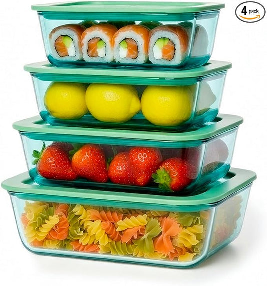 Crispa 8-Piece Teal Glass Food Storage Containers with Silicone Framed Glass Lids – 100% Plastic-Free Lunch Box Meal Prep Set (2x 40oz, 2x 20oz) – Leakproof Airtight Borosilicate for Freezer to Oven
