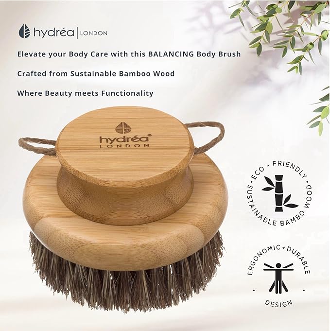 Hydréa London Round Natural Body Brush with Mane/Cactus Bristle for Dry Brushing to Exfoliate, Remove Dead Skin, Cellulite and Aid Lymphatic Drainage.