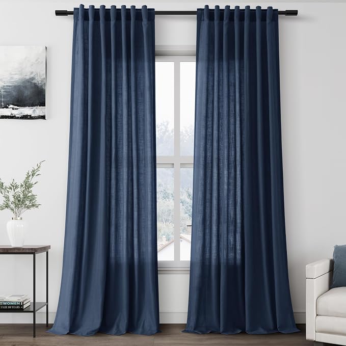 Denim Blue Linen Curtains 102 Inches Long Rod Pocket Back Tab Drapes 2 Panels Set for Living Room Sheer Light Filtering Semi Sheer Denim Blue Curtain 102 Length for Patio Sliding Glass Door 52x102