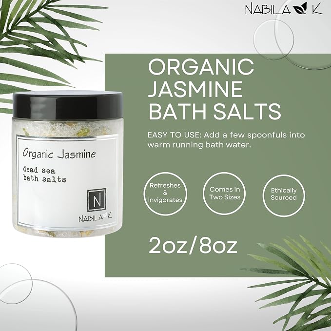 Organic Jasmine Bath Salts for Women & Men - Dead Sea Salt & Epsom Salt Soak and Scrub - Organic Jasmine Buds & Essential Oil, Cruelty-Free, Sulfate-Free | 8 oz | Nabila K