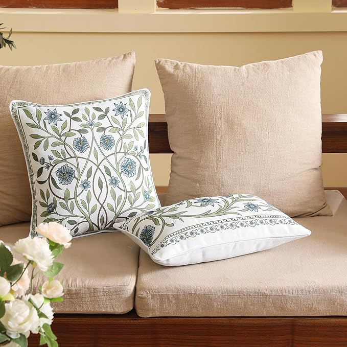 ISAENNE Design Fresh Linen Lumbar Throw Pillow Covers 12"x20" Pack of 2, French White Cottage Cushion Covers with Green Branches Pattern Decoration Pillowcases for Bed,Living Room,Outdoor,Car
