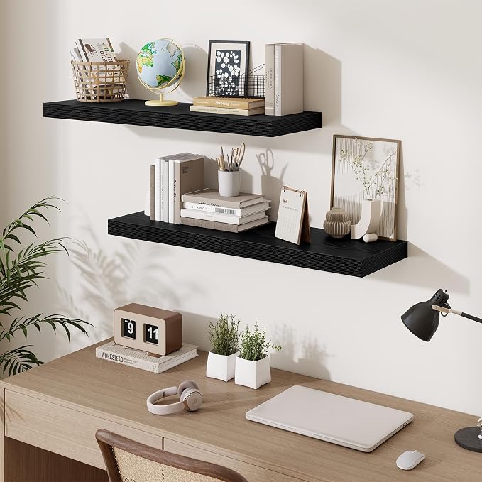 Fun Memories Floating Shelves for Wall 36 Inches, Wood Shelves with Invisible Bracket, 10" Deep Shelves Wall Mounted, Large Wood Floating Shelves for Living Room Bathroom, Black, Set of 3