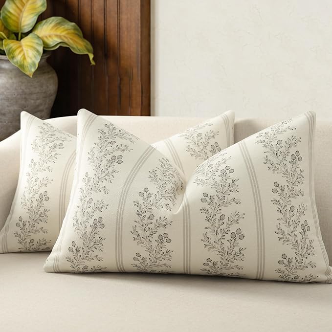 Vintage Throw Pillow Covers 12x20 Set of 2, Striped Floral Pillow Cover Botanical Patterned Decorative Cushion Covers Modern Farmhouse Home Decor for Sofa Couch Bed Living Room, Light Taupe