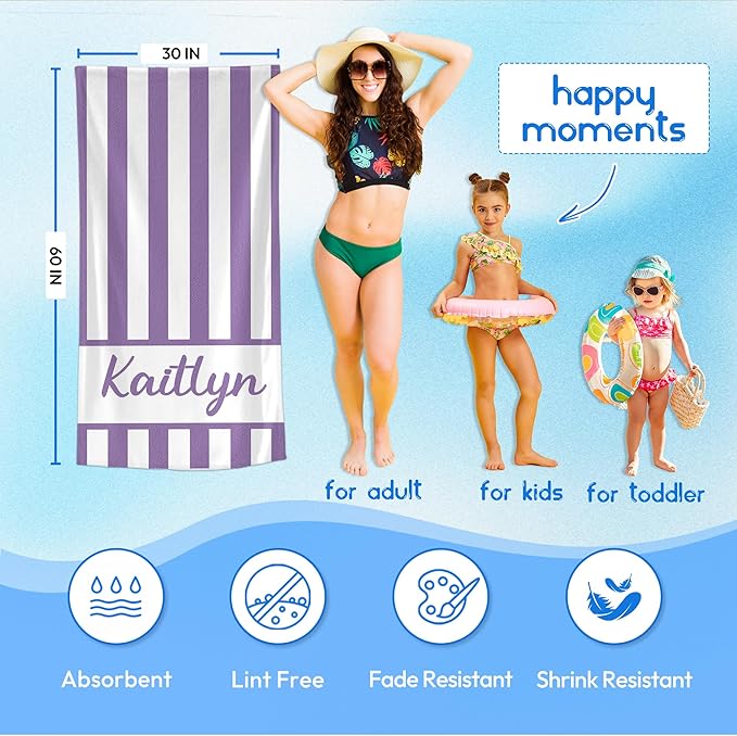 JML Personalized Beach Towel with Name, Custom Cabana Stripe Beach Towel, Customized Microfiber Pool Towel, Quick Dry & Absorbent Swim Towel for Adult,Anniversary, Birthday, Summer Holiday,Vacation