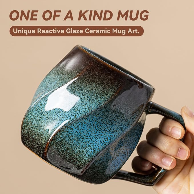 Deep Sea Aurora Ceramic Coffee Mug - 17 oz Unique Reactive Glaze Coffee Cup with Ergonomic Handle, Ceramic Mug for Office Home, Birthday Gift for Men Women