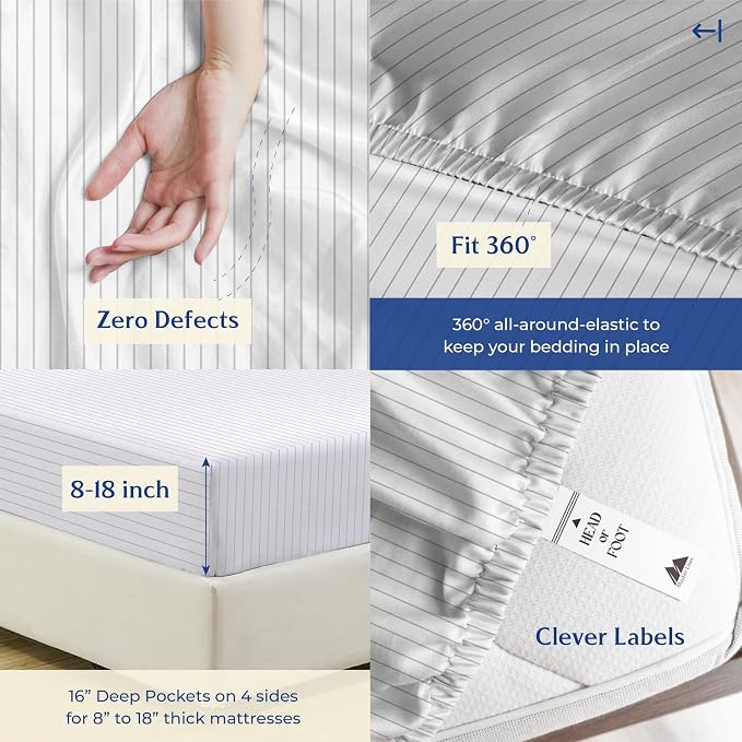 Mayfair Linen 100% Organic Cotton Printed Sheets King Size - Percale Weave Cotton King Size Sheet Set (4 PC, Light Grey Pinstripe), Soft & Crisp, GOTS Certified, Cooling Sheets, 16" Deep Pocket