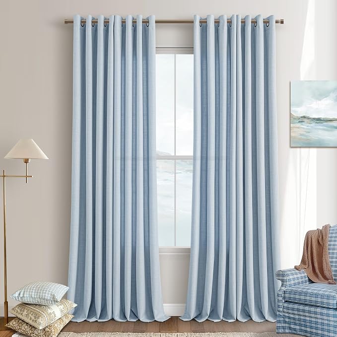 Semi Sheer Light Blue Curtains for Living Room Flax Linen Light Filtering Privacy Grommet Modern Coastal Bohemian Grayish Blue Floor to Ceiling 108 Inch Curtains Lager Window Drapes 52x108