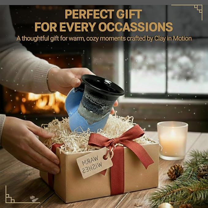Clay in Motion Hand Warmer Coffee Mug – Handmade Coffee Mug With Comfortable Handle Contoured Pocket Hand Warming Ceramic Coffee Mug – Proudly Made in USA – Left Handed – 14 Oz - Pacific Chill