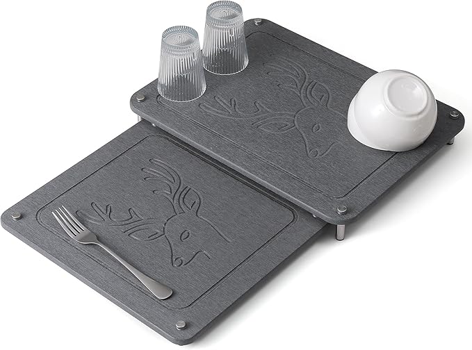 Nested Dish Drying Stone Mat | 2 Pcs Diatomaceous Earth Stone Drying Mats for Kitchen Counter with Non-Slip Feet | Collapsible Large Drying Stone for Dishes - Dark Gray