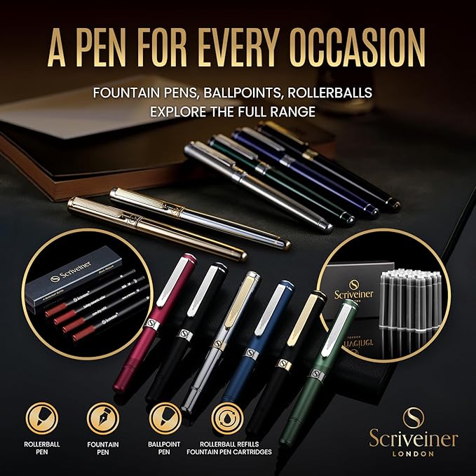 Scriveiner Personalized Silver Chrome Fountain Pen - Stunning Luxury Pen, Real Gold Plating, Schmidt Gilded Nib (Medium) Best Engraved Pen Gift Set for Men & Women, Custom Name Engraving