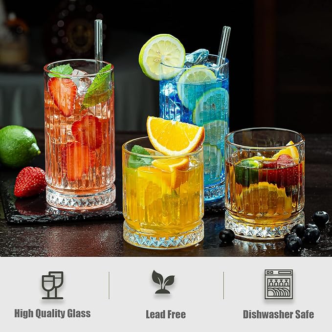 Crystal Drinking Glasses, Set of 8 Durable Glass Cups-4 Highball Glasses 15oz & 4 Rocks Glasses 12oz, Mojito Cups, Cocktail Glass, Bar Glassware Set for Cocktail, Beer, Whiskey
