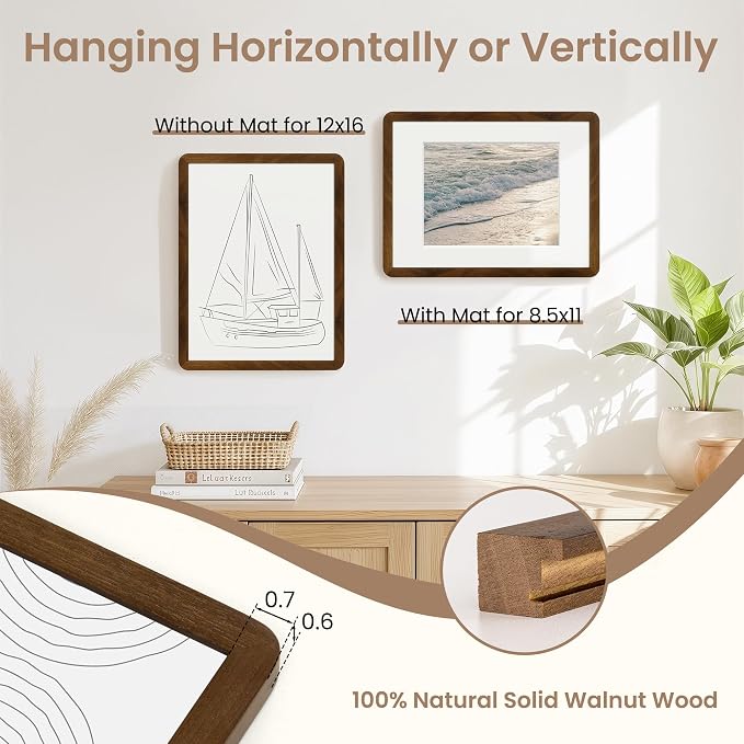 Fun Memories 12x16 Picture Frame - Solid Walnut Wood 12x16 Poster Frame with Real Glass, 12 By 16 Picture Frame with Mat for 8.5x11, Horizontal or Vertical Wall Display, Natural Walnut