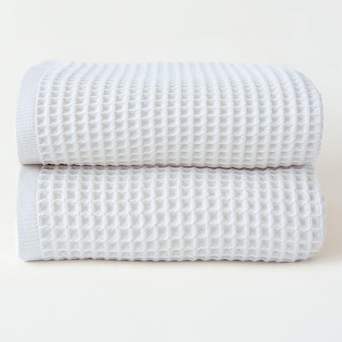 Premium Waffle Bath Towels Pack of 2 Extra Large 35x71 inch - 100% Turkish Cotton, Waffle Weave, Quick Dry, Lint Free, Oversized, Thin Bath Sheet Towel (White, Set of 2 Bath Towels)