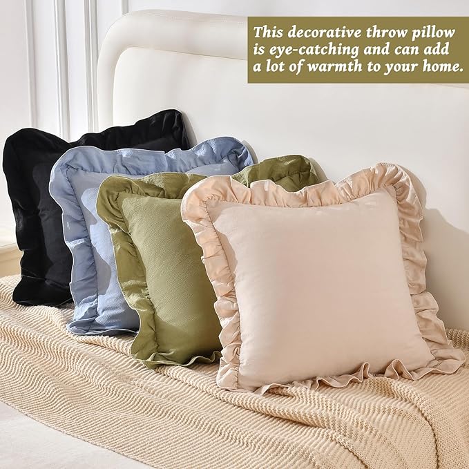 AmHoo Pack of 2 Throw Pillow Covers 100% Cotton Pre Washed Ruffle Decorative Pillowcase Cushion for Couch Sofa Bedroom 18 x 18-Inch Black