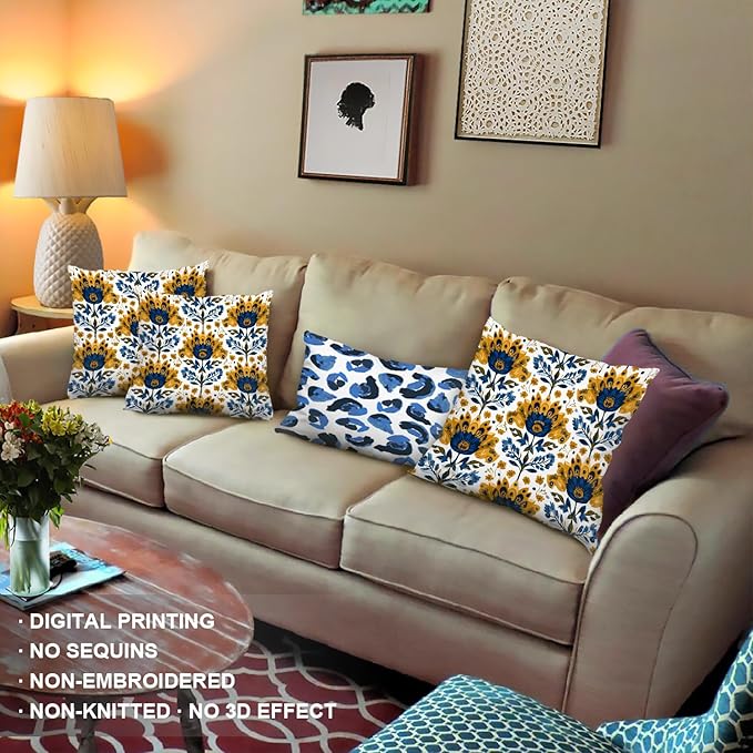 Shrahala Folk Art Floral Motifs Decorative Couch Cover, Blue Yellow Floral Pattern Square Throw Pillows Blended Double-Sided No Inserts for Bedroom Living Room Set of 2 (18 x 18 in)