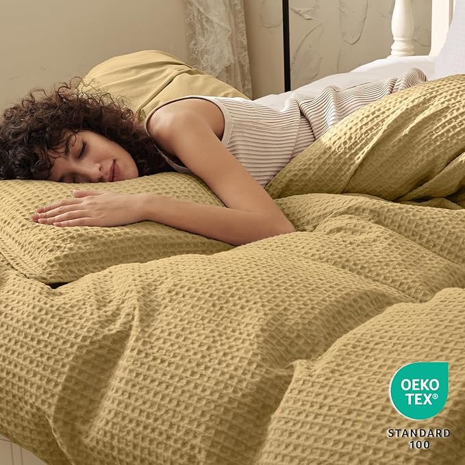PHF Waffle Weave Duvet Cover Set Queen Size, No Snagging Ultra Soft Luxury Textured Breathable Comforter Cover for All Season 3pcs, Durable Bedding Duvet Set with 2 Pillow Shams, 90"x90", Antelope