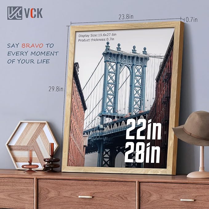 VCK 22x28 Poster Frame Natural Solid Wood 3 Pack, Exclusive Wood Grain Wall Hanging Picture Frame for Home Decoration