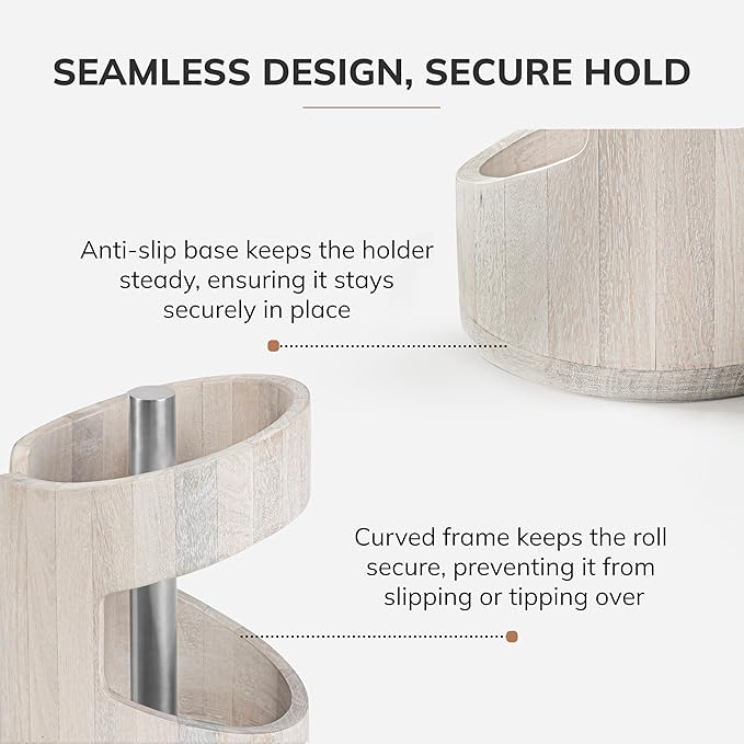 Anji Mountain Wooden Paper Towel Holder Countertop with Mango Wood Round Base and Iron Holder, Holder Stand for Kitchen Roll Organizer & Kitchen Dining Table Home Decor - Whitewash/Nickel, Arc Hold