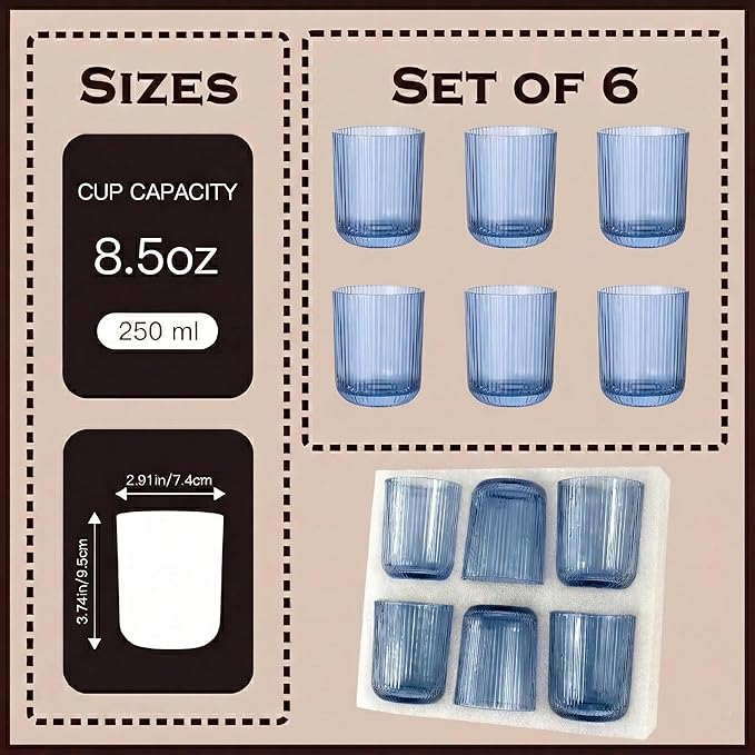Blue Ribbed Drinking Glasses Set of 6,8.5oz Vintage Highball Tumblers,Colored Glassware for Water, Juice,Coffee,Cocktails,Blue Glass Cups,Housewarming & Christmas Gift