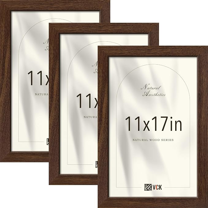 VCK 11x17 Picture Frame 3 Pack - Brown Solid Wood Poster Frames, Textured Exclusive Wood Wall Gallery Frame