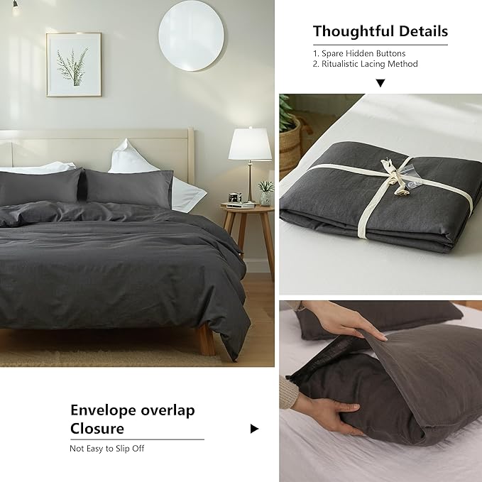 FALUCA French Linen Blend Duvet Cover Set 3Pcs King (104"x92") - Soft, Breathable, Cooling Farmhouse Bedding for Hot Sleeper (King, Dark Grey)