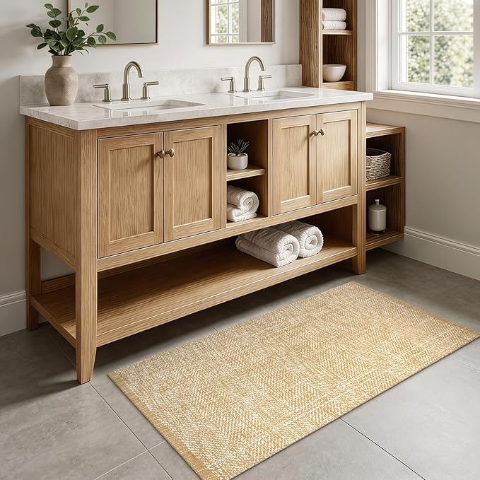 LEEVAN Washable Kitchen Runner Rug, 2' x 4.3' Boho Bathroom Rugs Cotton Tan Reversible Entryway Rug, Farmhouse Hallway Rug Modern Bedroom Carpet for Foyer Front Proch Deco